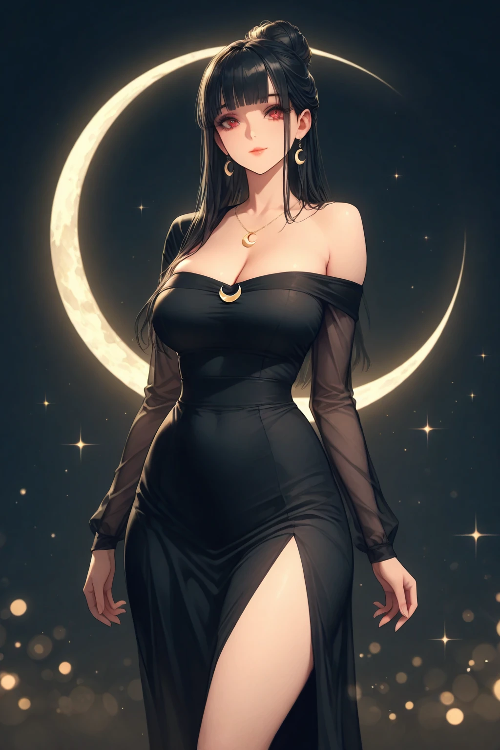 Masterpiece, very detailed, ultra detailed, one, (1 woman), a woman in a closed black dress with cosmic details, with black eyes, long black straight hair and a parting on the side, with huge breasts (big), around her small planets and galaxies, she is against the background of space