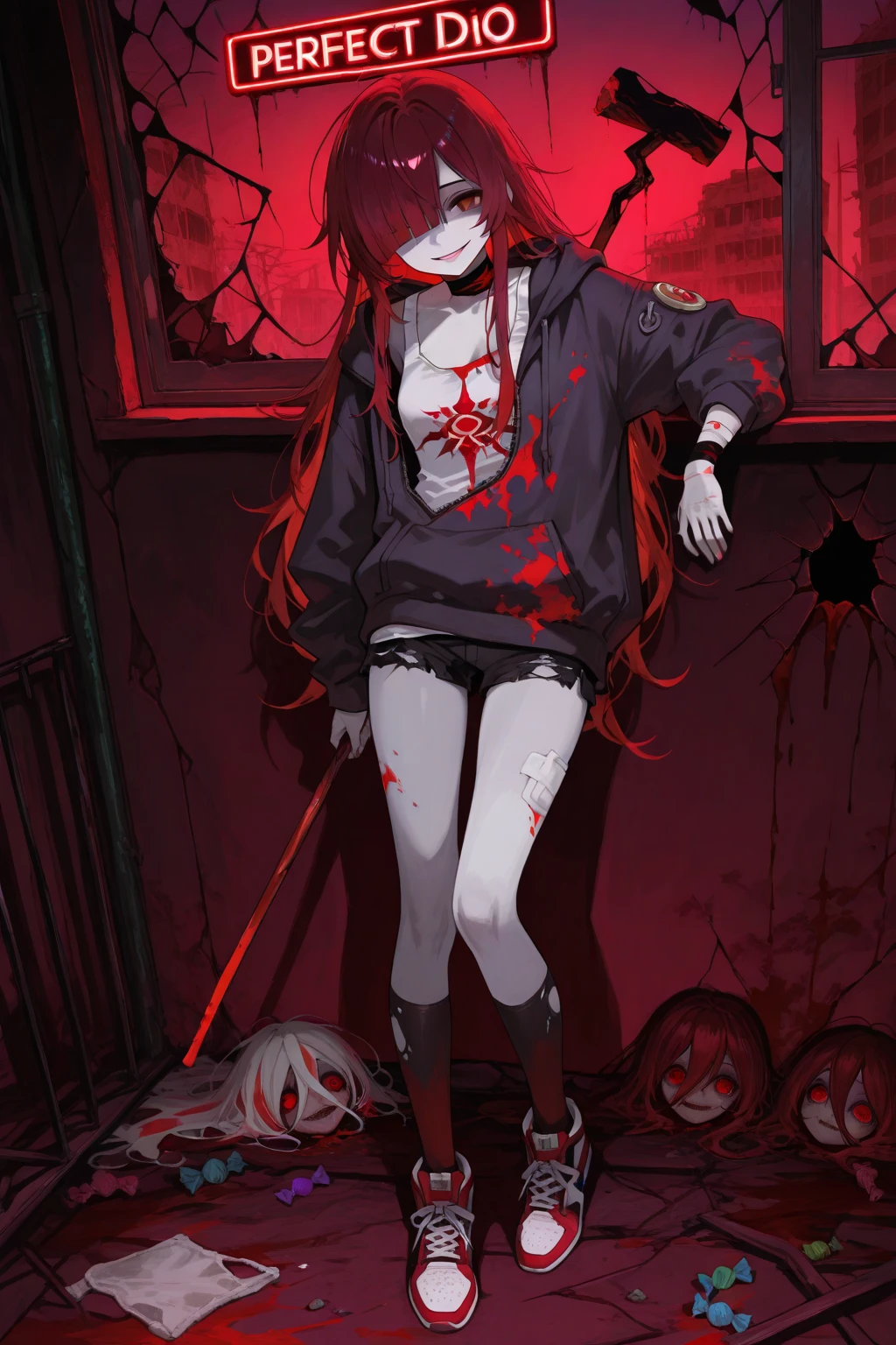 Red eyes, black hair, bangs, cold eyes, lab coat, sideways, long straight hair, fear, skyscrapers, splashed blood, human tissue, experiment, murderer, wearing gloves, petri dish, standing painting, jumping, modern architecture, flying, hanging rope, closed eyes