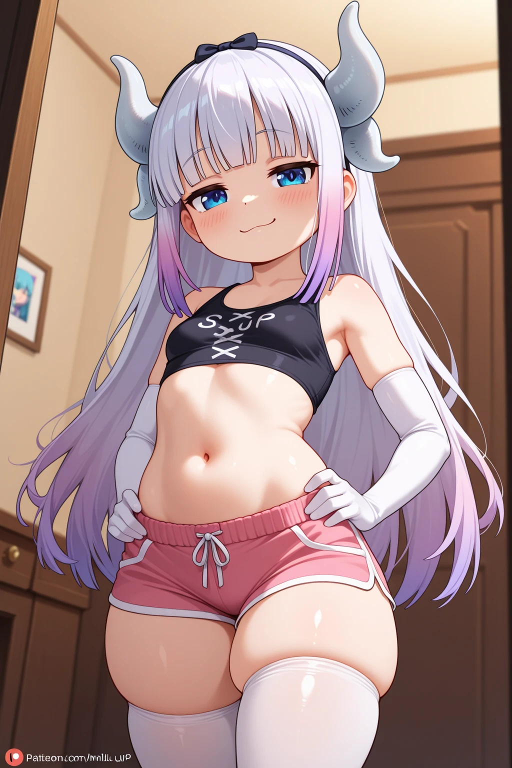 Cabello largo plateado, ojos verdes, tank top, sport bloomers, sonrisa, happy, wings, abdomen lindo, muslos hermosos, boca arriba, de cabeza, inside house, tattoo