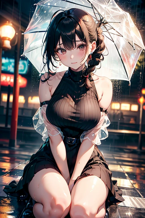 maid girl,(((1girl))),((maid girl with extremely cute and beautiful black hair)),

(large breasts:1.4),bountiful breasts,fluffy breasts,H cup bust,bust up,bulging bust top,(((black bob hair:1.35,colored inner hair,short hair,ear breathing))),(((heterochromia:1.5,eye1 blue,eye2 purple))),intricate eyes,beautiful detailed eyes,symmetrical eyes,big eyes:1.3,((fat)),(((lustrous skin:1.5,bright skin: 1.5,skin tanned,shiny skin,very shiny skin,shiny body,plastic glitter skin,exaggerated shiny skin,illuminated skin,wet legs))),(spider lower abdomen,narrow waist,wide hip,athletic body,inflated legs,detailed body,(detailed face)),

cute,slutty,seductive,erotic,((nsfw)),

zettai ryouiki,(maid headdress),maid uniform,Headdress,(maid),sleeveless,mini skirt,boots,cleavage cutout,bare legs,clothes with a lot of lace frills,((wet clothes,intricate outfit,intricate clothes)),

(dynamic pose:1.0),solo focus,embarrassed,blush,sweat,((tears,open mouth)),moist eyes,(centered,scale to fit dimensions,Rule of thirds),

cyberpunk city by the ocean at night, with bright neon signs and dark stormy clouds and puddles, scenery:1.25,

artistic photography,(photography taken by sldr),highres, sharp focus, (ultra detailed, extremely detailed), (photorealistic artwork:1.37),(extremely detailed CG unity 8k wallpaper),((synthwave background theme)),(((vibrant colors))),(intricate background),(masterpiece),(best quality),