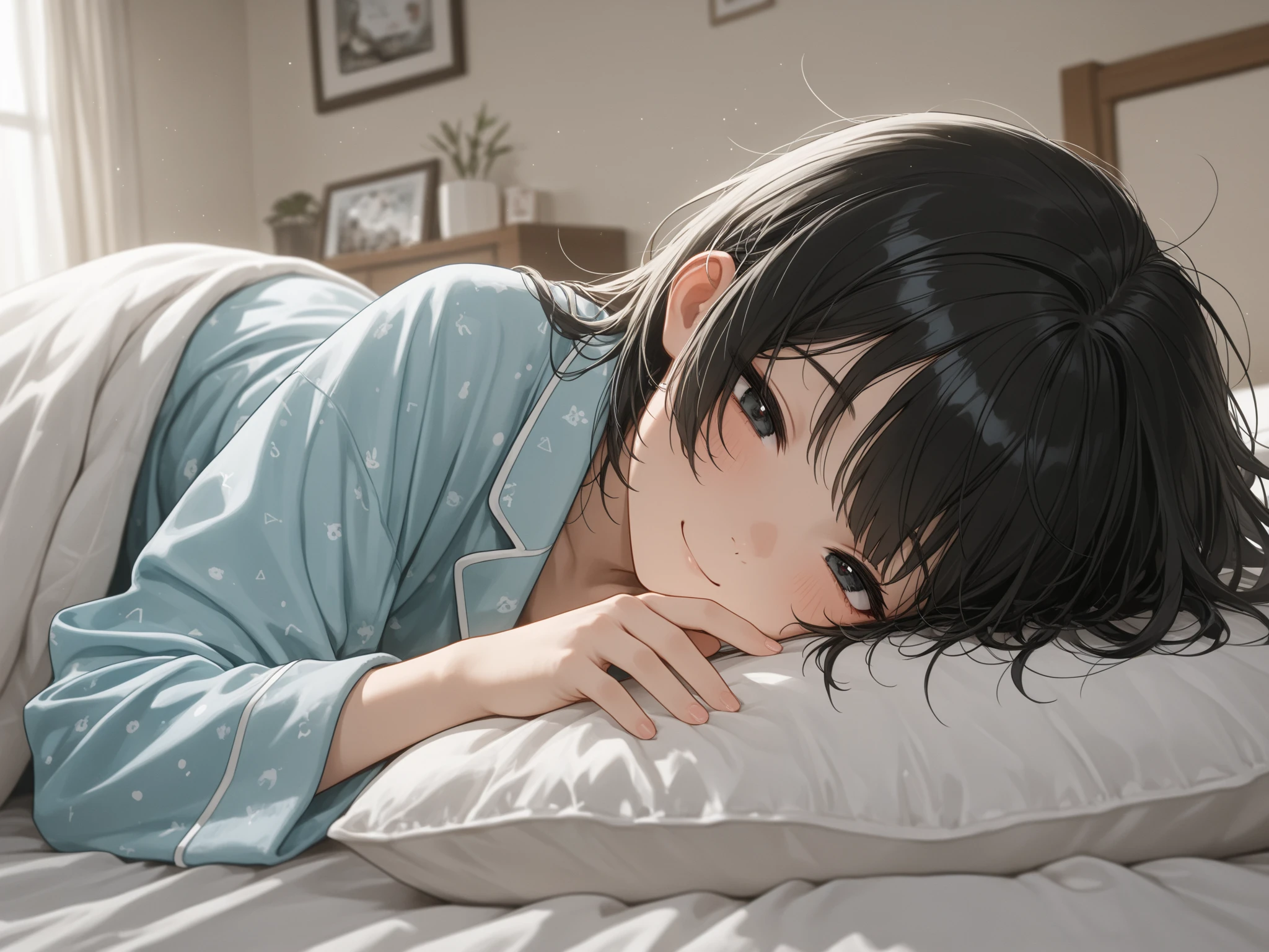 20 years old,1 mature woman,hyperrealistic, 8k, (extremely detailed 8k), (very delicate and beautiful), (masterpiece), (better quality:1.0), (ultra high resolution:1.0), (masterpiece, best quality),cute,black hair,ponytail,full body,white background,realistic skin,collared shirt, pleated skirt,lie on own side