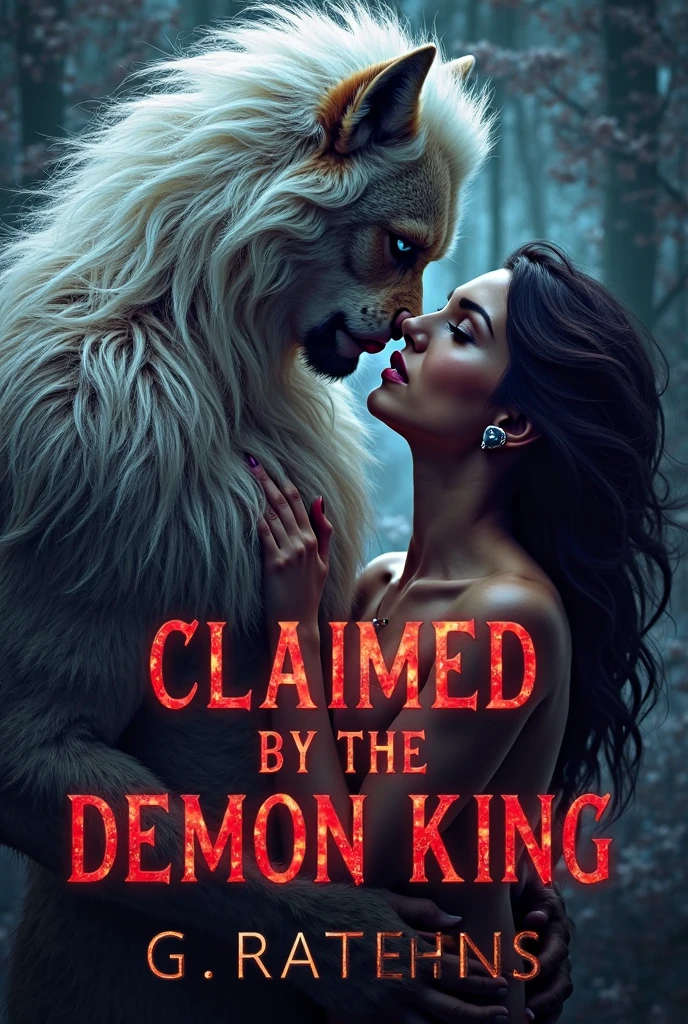 Design a book cover titled "the devil's pet" with a beautiful girl, curly blonde hair and a handsome boy with perfectly chiseled face, naked sharing an sexual scene, the background unreal