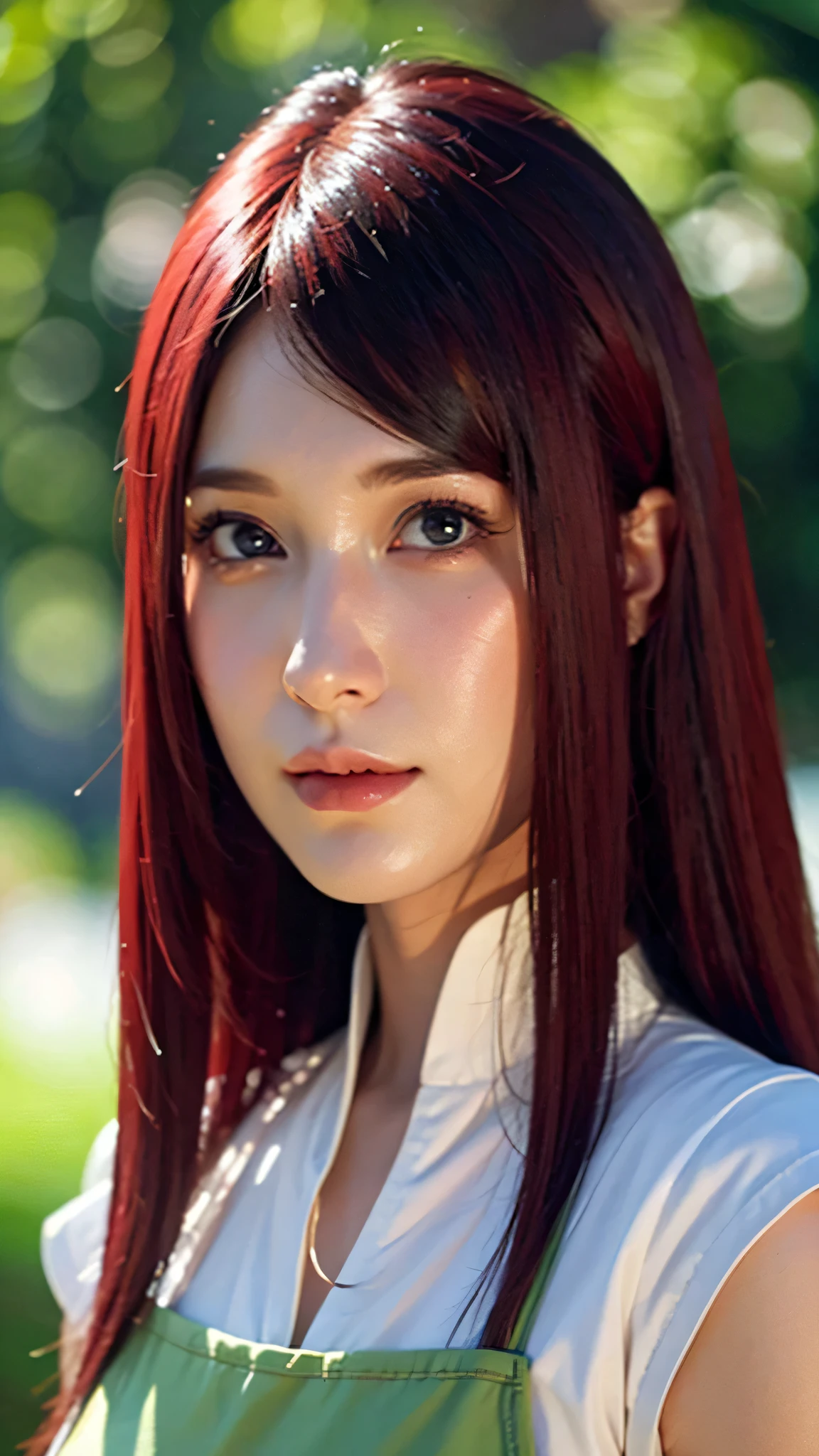 A hyper-realistic portrait of Uzumaki Kushina from Naruto, reimagined in the real world. A stunningly beautiful woman with long, bright red hair that flows naturally and shines under soft lighting. Her skin is smooth and fair, with delicate facial features and expressive violet eyes that reflect warmth and strength. She has a calm, gentle smile with a confident aura. Wearing a faithful, realistic version of her anime outfit — a soft green apron-style dress over a light beige blouse. Extremely detailed: visible hair strands, realistic skin texture, natural makeup, lifelike eyes, and finely textured clothing. Super HD quality, ultra realistic, 8K resolution, cinematic lighting, shallow depth of field, soft bokeh background