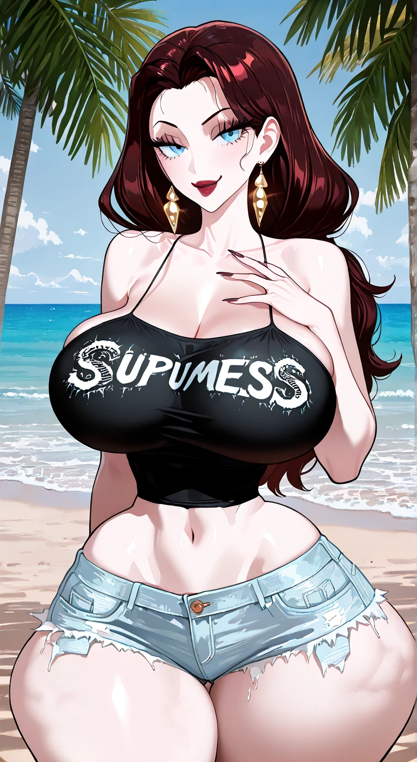 score_9, score_8_up, score_7_up, score_6_up, uncensored, ShikibuCaster, long hair, black hair, purple eyes, hair ornament, naughty face, makeup, shiny skin, sweating, steaming body, heavy breathing, detailed body, detailed eyes, BREAK (masterpiece:1.2), best quality, high resolution, unity 8k wallpaper, (illustration:0.8), (beautiful detailed eyes:1.3), extremely detailed face, perfect lighting, extremely detailed CG, (perfect hands, perfect anatomy), hearts, pleasured, Expressiveh, armpits, breasts, 1girl, swimsuit, navel, rating:safe, bikini, looking_at_viewer, large_breasts, bare_shoulders, breasts press, thighs, arms_behind_head, cleavage, strapless, stings bikini, seductive smile collarbone, striped, choker, arms_up, clothes_writing, mama, trembling