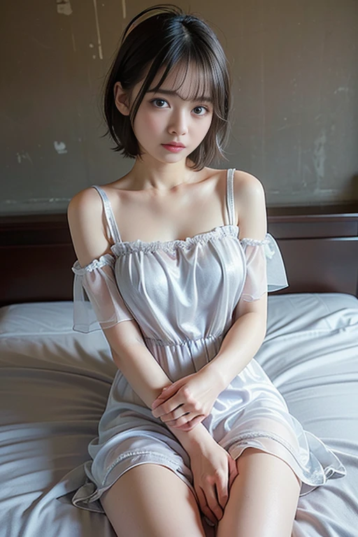 randome pose、Lying in bed、Light blue nightgown、a japanese girl、17 years old girl、small tits、perfect chest、flawless skin、perfect body type、小柄、Small butt、Bob Hair、A dark-haired、bangs whorl、an legs、colourfull、light blue pantie