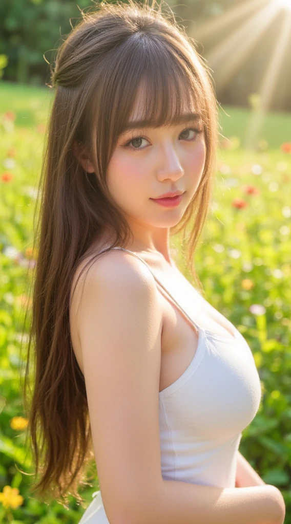 of the highest quality, Realistic, Perfect human body structure, Very detailed, Very delicate and beautiful, Raw photography, Wildflowers and enchanting meadows, Professional Lighting, Luminescent, depth of fields, Single focal length, ((Full body)), Smile, Brown hair, small head, Big breasts, Baby face, Beautiful eyes, Real Face, Realistic skin, Detailed eyes, (Fashionable hairstyle: 1.3), bangs, hposing Gravure Idol, absurderes、incredibly absurd res、Extremely fine,