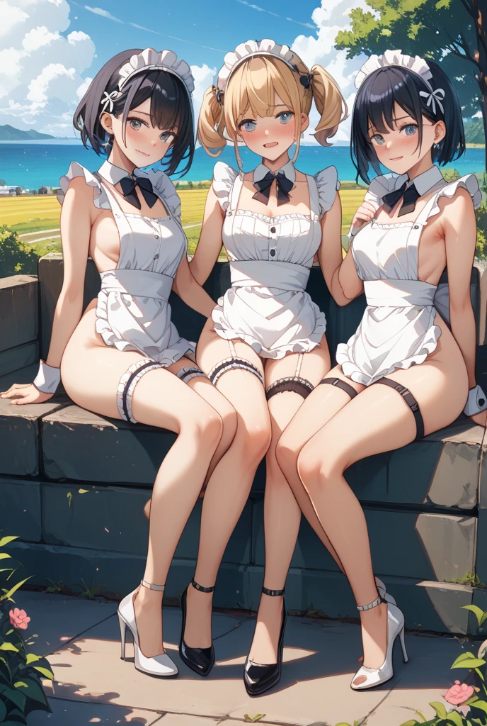 (((focus panties))), (I look up at the five girls from the ground.)、(Five girls are standing in a circle around me, looking down at me.)、circle、(seductive grin), (((5 giant girls)))、((angle from below)), 5 young face, (thighs), 5panties, belly button、(angle from under 5 girls),baby face,mesugaki,maid dress,