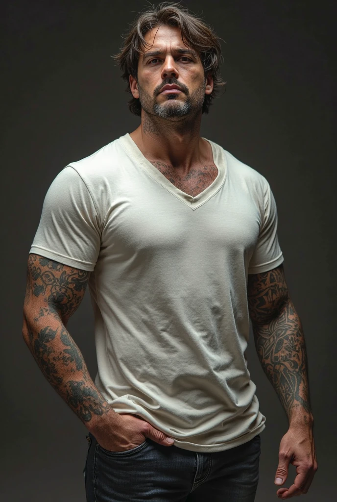A handsome young muscular tattooed bearded 18 years old scandinavian arrogant jock, modern haircut, handsome face, well trimmed short beard, wearing very tight boxers barely containig his big erected bulge, shirtless, showing of their chest, tattooed arms, big defined biceps, muscular chest, thick muscular thighs, he is Standing in the room very confidently. Ultra quality, ultra detailed, 32k resolution, masterpiece, flawless, lifelike, photorealistic, random face expression, rich color, beautiful face, ultra detailed face, dim lighting, deep colors