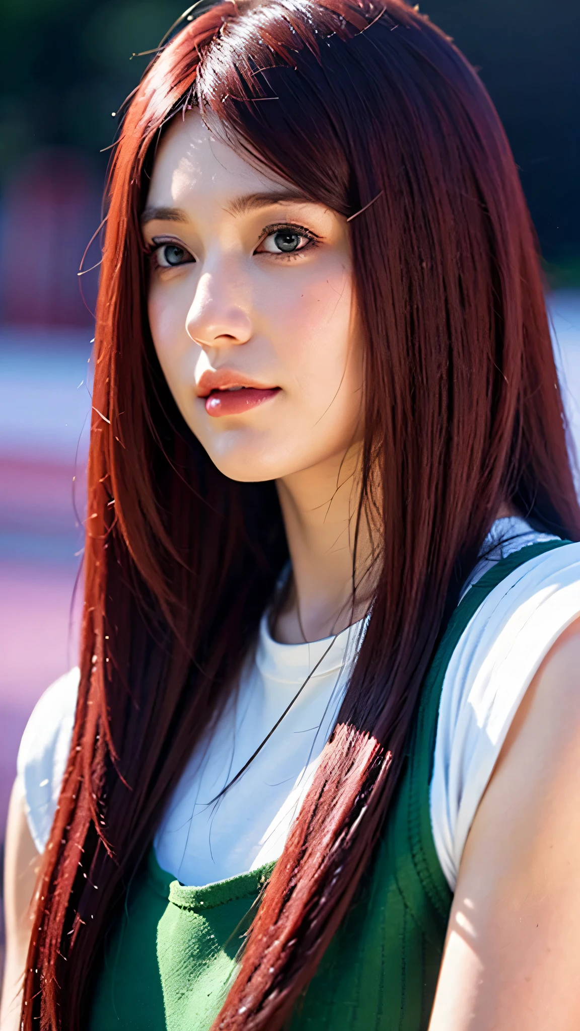A hyper-realistic portrait of Uzumaki Kushina from Naruto, reimagined in the real world. A stunningly beautiful woman with long, bright red hair that flows naturally and shines under soft lighting. Her skin is smooth and fair, with delicate facial features and expressive violet eyes that reflect warmth and strength. She has a calm, gentle smile with a confident aura. Wearing a faithful, realistic version of her anime outfit — a soft green apron-style dress over a light beige blouse. Extremely detailed: visible hair strands, realistic skin texture, natural makeup, lifelike eyes, and finely textured clothing. Super HD quality, ultra realistic, 8K resolution, cinematic lighting, shallow depth of field, soft bokeh background