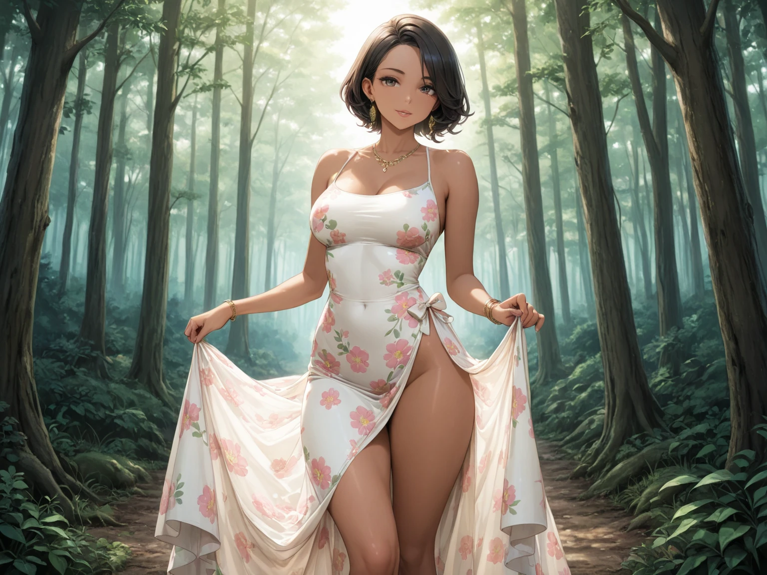 A lovely Malaysian woman (age 20, hijab no hair showing, busty, sheer summer dress (no underwear)), glamour poses in lavish garden at sunrise
