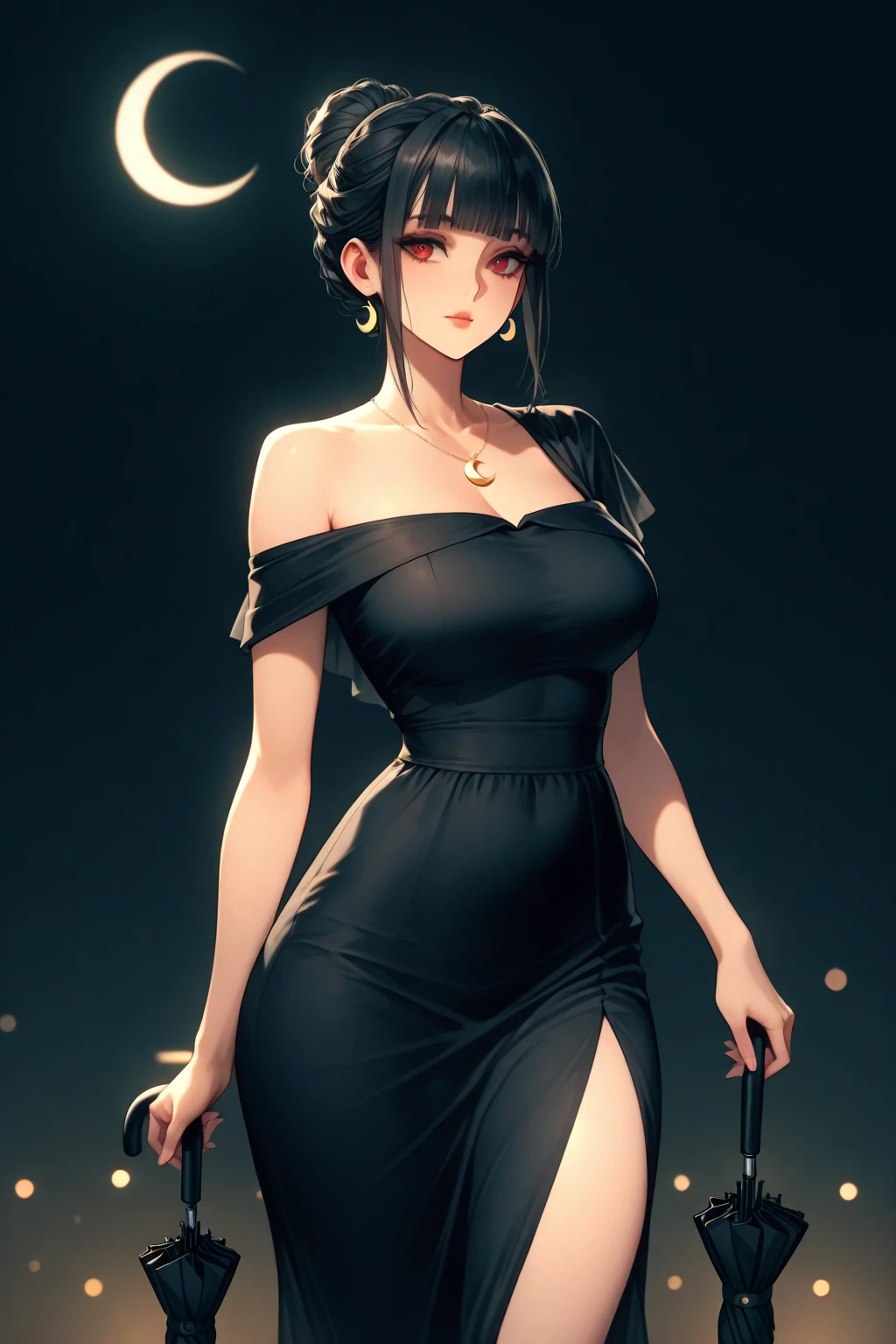 , beautiful girl with fair skin, black hair, black eyes, wearing a lustrous black dress that highlights her wide hips, wide shoulders, and big breasts, cleavage, and big ass. She is wearing open-toe heels with red painted toenails and nails. She is a tall girl standing in a crowd, with an ethereal, score_10, ballad-like atmosphere, in a 2.5D style.