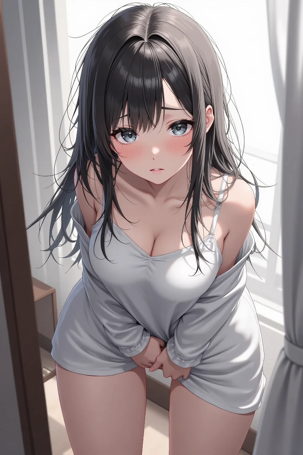 wide hips, (best quality, masterpiece:1.2), (((young girl))), sweaty, sweat stain, sweaty clothes, beautiful face, RileyReid, inside a house, white sweater, oversized sweater dress, leather leggings, ((heavy makeup)), long nails. black polish nails, ((small breasts)), ((thick tighs)), young sensual gravure idol, (((face))), (tan skin), ((hime haircut)), ((bags under eyes)), ((black eyeshadow)), ((small girl)), ((snappy bangs)), blurred background