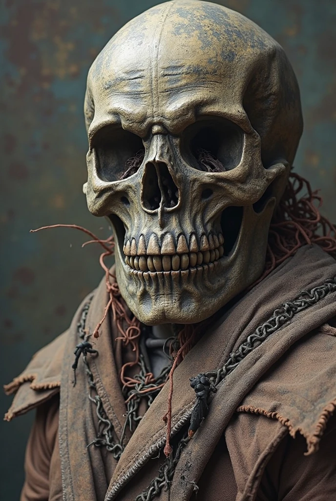 tall thin 50 year old man evil villain, half of the face is decomposed and very rotten showing the larvae, showing some of the bones, Wearing medieval clothes, Snow Background, realisitic