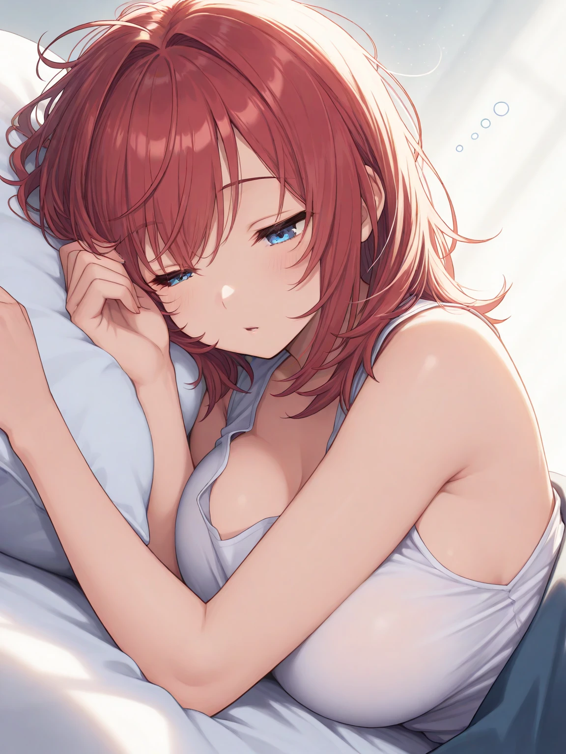 anime girl, 22 year old woman, best quality, red hair, detailed, lying in bed, lace panties, transparent white blouse showing breasts, background with a little blur, 4k, detailed eyes --auto
