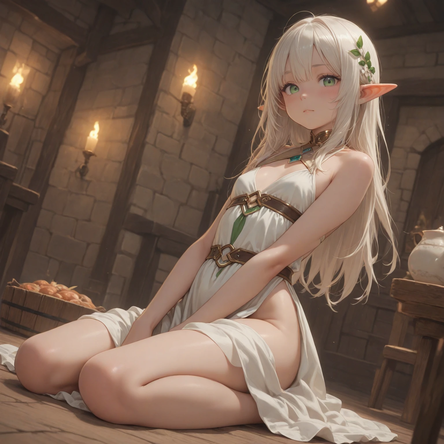 (((I want a lonely Elf Woman, Long white hair, serene green eyes, brown skin, mature body with full breasts and slim waist, wearing beautiful lingerie sitting under the table with her legs open and a lascivious expression)))