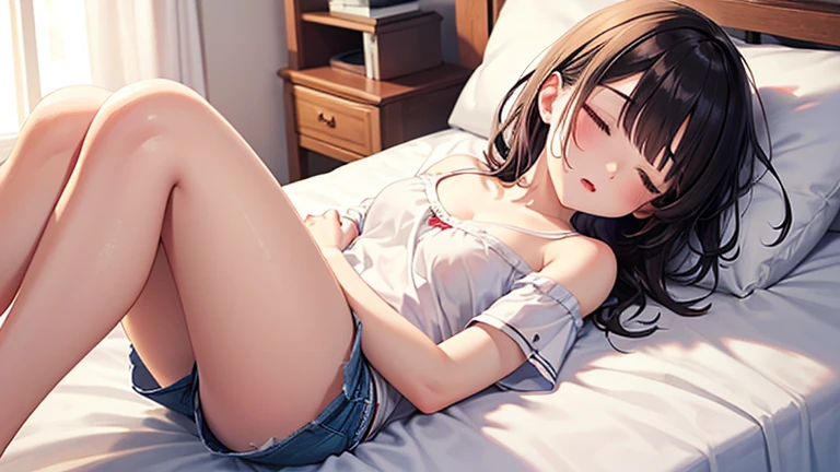 Girl in underwear、Lying asleep on the futon、Futon with white sheets, Enchanting girl,  Naughty, Smooth CG art, Gwaiz, Touching her clothes, Beautiful and attractive 20 year old, Wearing a yukata,Light blue underwear , ,topless , Real young gravure idol, open legs,