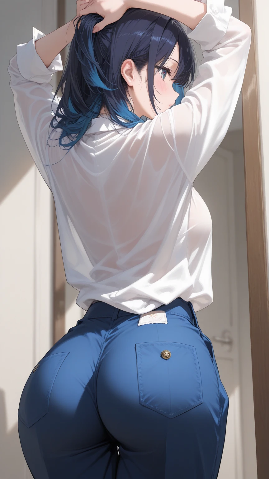 Anime girl with long hair and a blue shirt posing for a photo., 3d realistic anime style., realistic 3d anime, photorealistic anime, photorealistic anime girl render, soft anime cg art, animated styled 3d, realistic anime art style, anime realism style, animated style. 8k, realistic young anime girl, render of a cute 3d anime girl