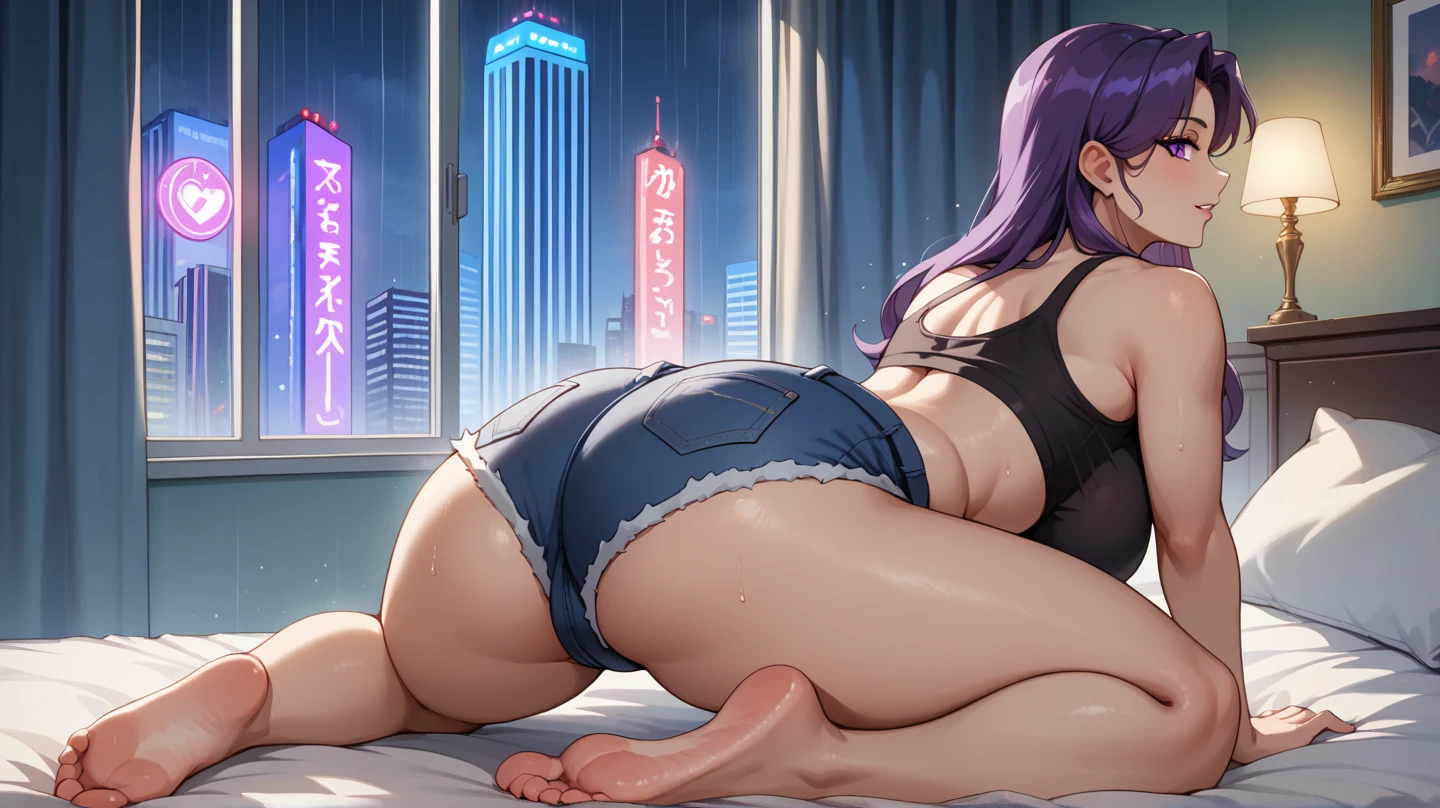 ((Masterpiece, best quality, high quality, highly detailed background)), ((hotel bedroom, on the bed, city skyline background, blue sky window view:1.3, blue sky:1.3)), ((lady_nagant, mature female, (large breasts), short hair, streaked hair, medium hair, ((nude:1.3)), ((reverse cowgirl position, straddling, sex from behind, ass, 1boy, 1girl, sex, penis)), ((shy smile, closed mouth, blushing))
