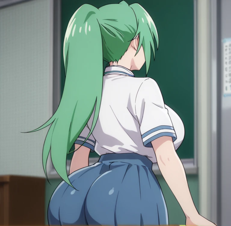 masterpiece,Highest quality,Very detailed,High resolution,4k Portraiture,8k Portraiture,Anime screenshots, Portraiture,One person,alone,Hasebe_Tōh-hsien, Long Hair,pantyhose, (green hair) ,ribbon,hair band,hair ribbon,very Long Hair,Green Eyes,bangs,red ribbon,white hair band,low-tied Long Hair, Large Breasts, Large Breasts,Huge hips,Thick thighs,(((nsfw))) , (((busty))),1girl, sensual body, Her cheeks flushed , tongue out , open mouth ,looking at viewer , ((vaginale )),((seX)), ((back)) , X, gangbang,  micro skirt , wet blouse