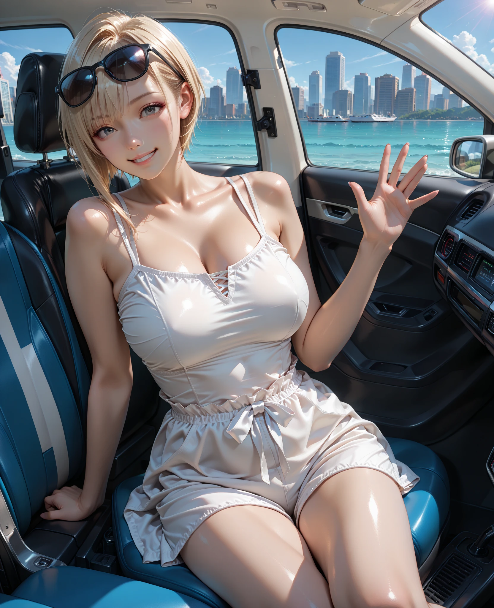 Blonde woman wearing a leather corset and smoking a cigarette, Japanese Goddess, Blonde Goddess, Enchanting anime girl, Very sexy outfit, BoobsCyberpunk, Sexy Body, Pink Short Hair, sexy hot body, Beautiful and attractive woman, elegant and charming cosplay, Glowing White Skin, Perfect beauty, Sexy Woman, Sitting in a car, Photorealistic perfect body,The genitals are visible,wet bra,Upper body nude,Big Breasts,Wet crotch