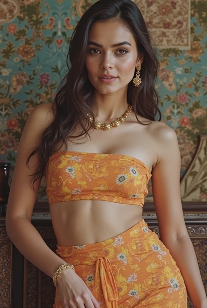 Instagram influencer, Latina female, 27 years old, athletic body, large breasts, tan skin, long wavy brown hair, (hazel eye color). Wearing ((dark green)) and (((diamond encrusted bra and panties))). Standing in front of a white silk photography backdrop. Photo studio, professional photo shoot. Full makeup, glamorous, fashion runway ready appearance.