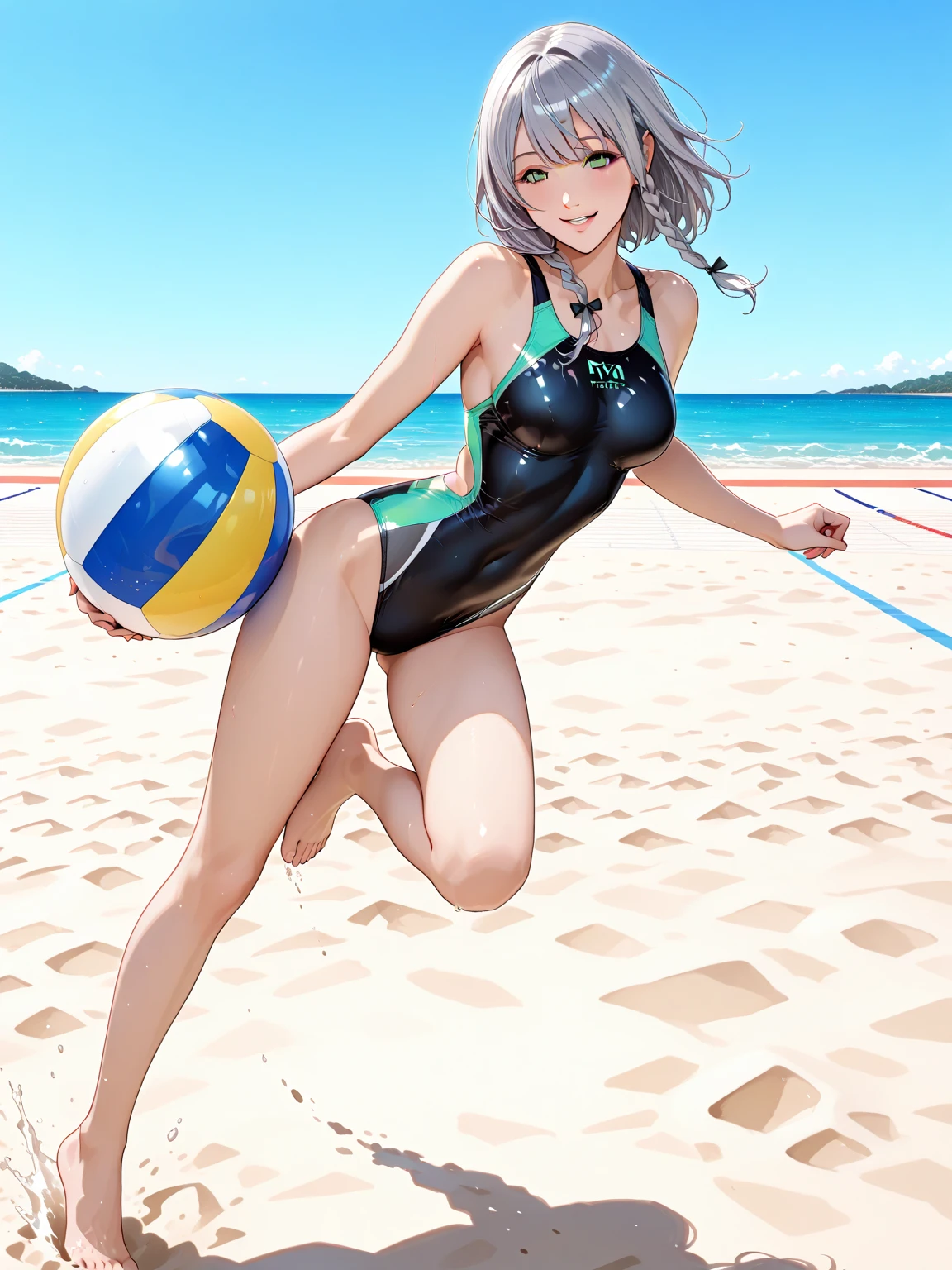 Highest quality, Super quality, 16K, Incredibly absurd, Very detailed, delicate and dynamic, Natural light, Fine particles reflect rainbow colors, Diffuse reflection of light, Many rainbow-colored petals fall, 美しいSandy Beach, Sparkling sea surface, 海面にDiffuse reflection of light, Create amazing image effects, , Wet with water, Sweating, (Elsa, cute sexy girl, huge bouncing busts, Sensual expression, Cool girl, passionate, Enthusiasm, Beach Volleyball, Flashy swimsuit, , Sandy Beach)