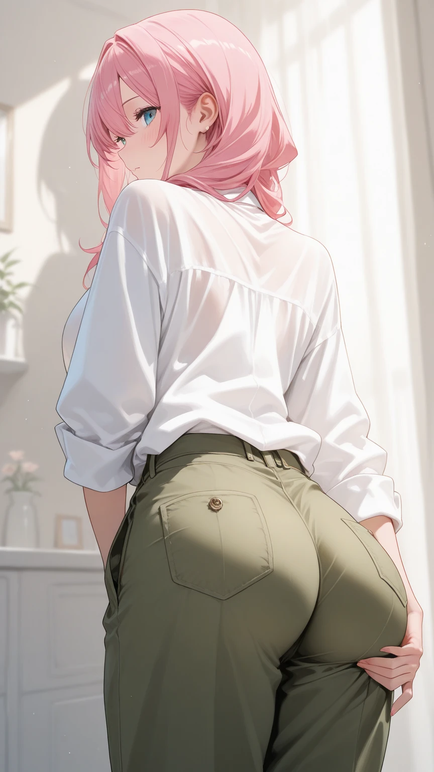 ((best quality)), ((masterpiece)), (detailed), suburban street, slender 16yo teen girl, ((((plain white button shirt)))), (((plain pink panties))), (((upskirt peak))), (((skinny thighs))), (((skinny waist))), ((blushing:1.3)), (((shocked expression:1.2)), blonde hair, braid, (((view from behind))), arms behind head, (((bare ass)))