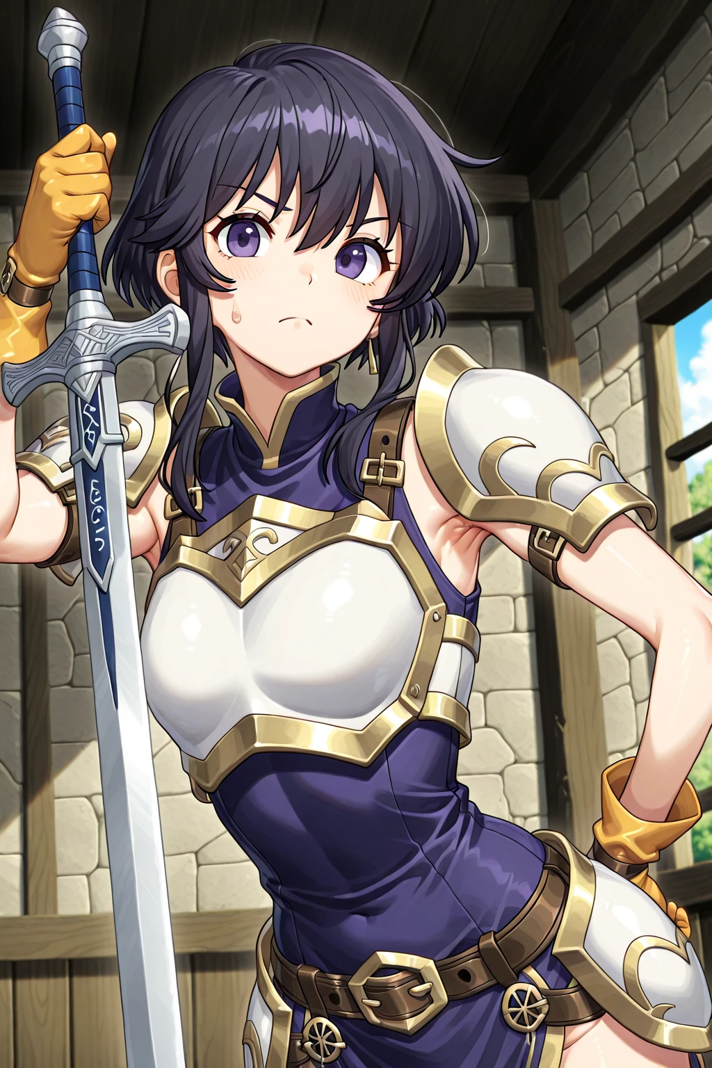 Lapisfe, One girl, alone, View your viewers, blush, bangs, gloves, Upper Body, Braiding, hair band, Outdoor, Part your lips, null, Day, Raise your hand, Pink Eyes, armor, wood, Covered navel, Blurred Background, Place your hand on your chest, shoulder armor, side Braiding, breastplate, red armor