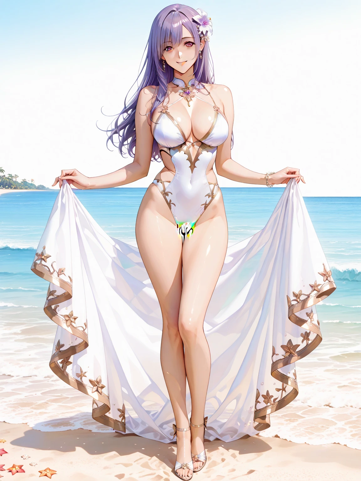 (NSFW:1.2), (8K, Raw photography, Top image quality, 巨作: 1.4), Ultrahigh definition, (Realstic, photorealestic: 1.48), 20 age old, a Cute girl, (see-through white micro bikini:1.55), Famous actors of Japan、 (purple hair:1.7)、Solo Focus、Type Moon Wind、Kyoto Animation Style, long hair、Blunt bangs、Inter-eye hairs、side locks、Shiny hair、Beautiful and dense cold face、alluring smile、anger、Intricate details beautiful and delicate eyes, bare shoulders  bigtits、Clear eyes、White Skin Skin、hair ornament、swim ring、Beautiful raw back、sandal、Skin dent、collar bone、Raw feet、the beach、Dense sky、White sand beach、The tree、 very accurate and detailed、absurdist、extremely detail、16k wallpapers、Realistic texture、Masterpiece to the smallest detail、from side, looking at the viewers, deadpan, Beautiful lake, Zeiss 150mm f/ 2.8 Hasselblad, a whole body, for feet, Ultra Wide Angle