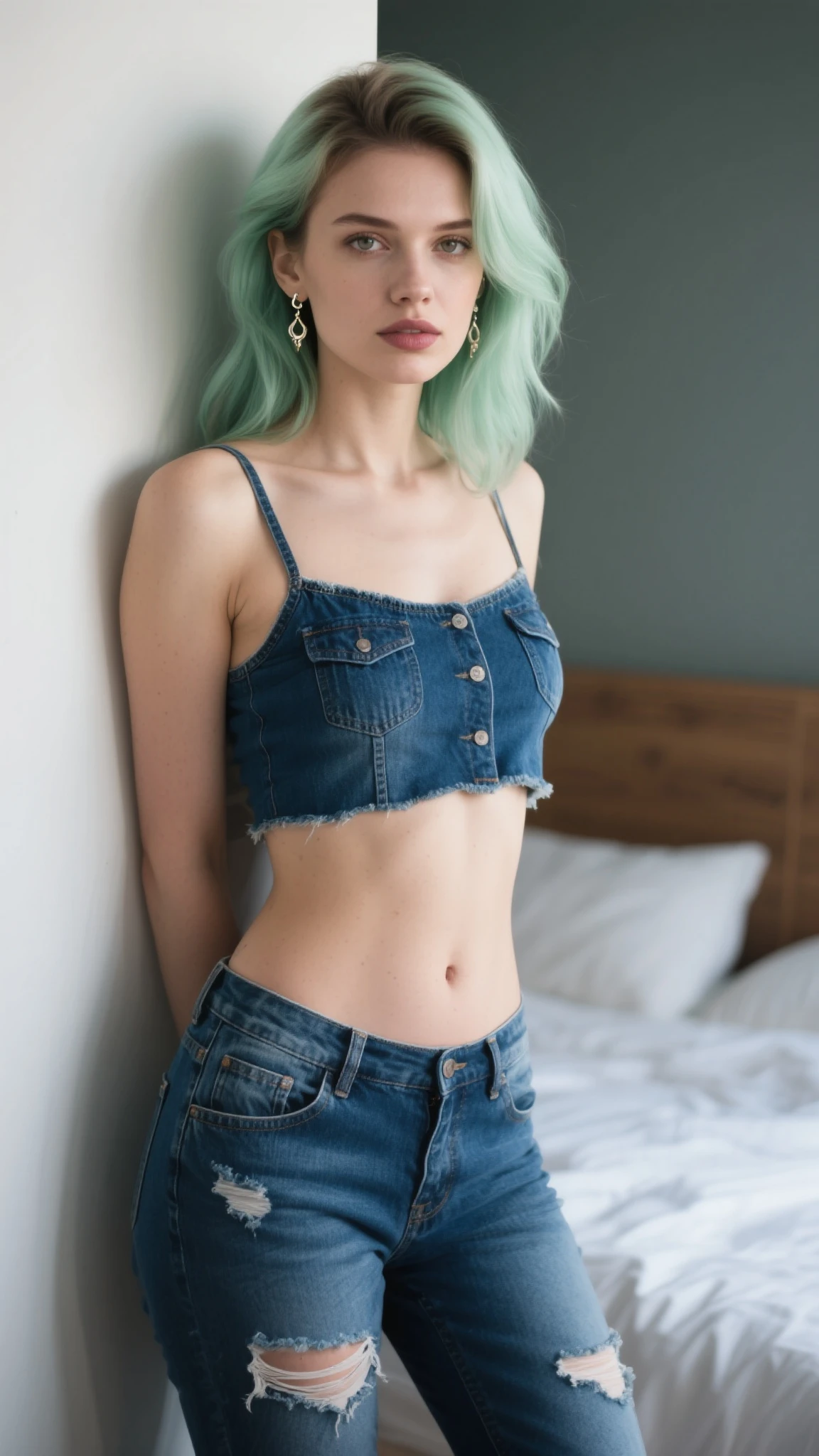 Masterpiece, best quality, 1girl, solo, 23 years old, adult, teal and green hair, aqua eyes, voluptuous,  toned, 167cm, pale skin, seductive expression, olive green off shoulder, jeans, 