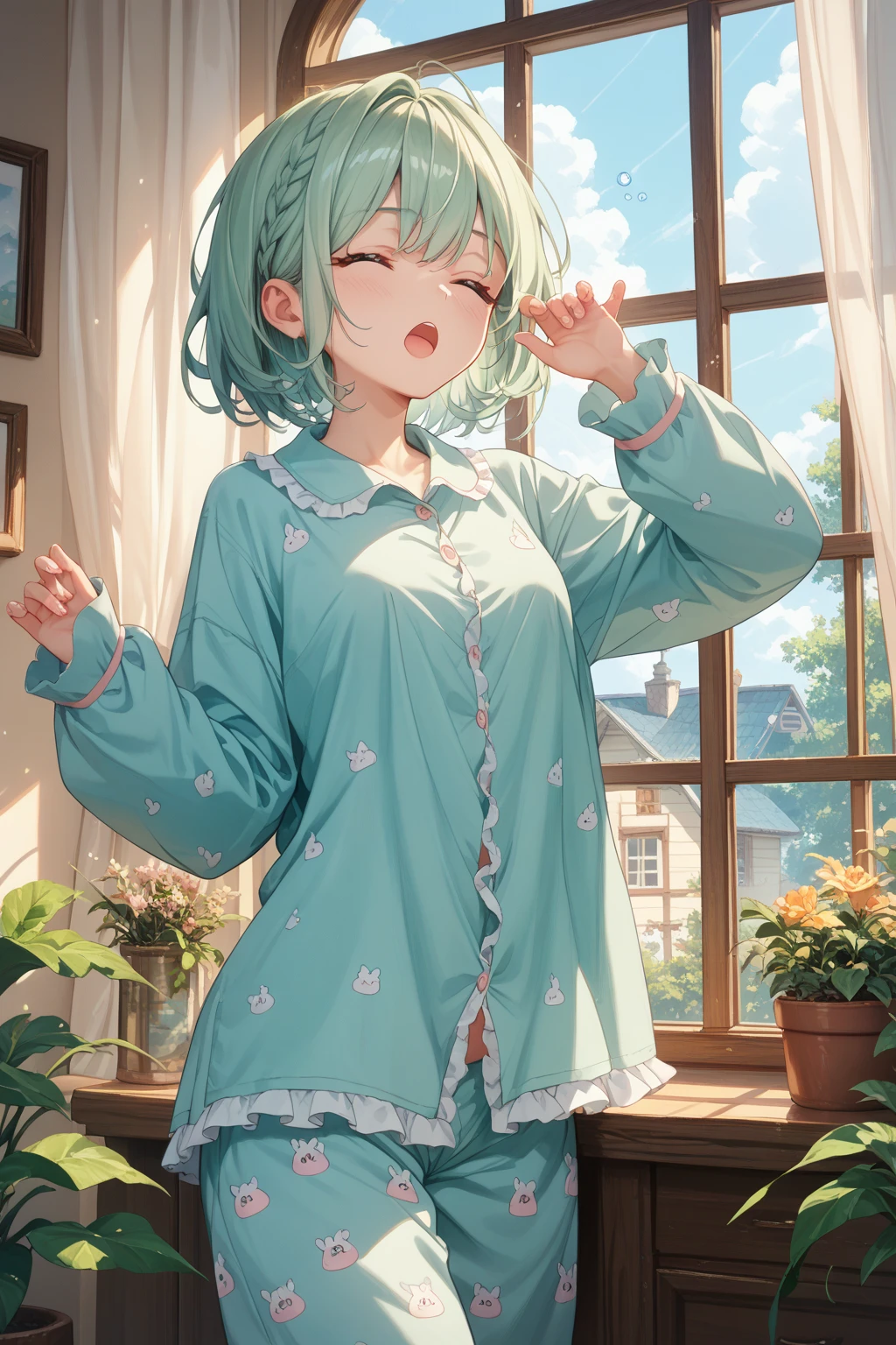 Anime Kawaii sexy Perfect Slim sensual body large breast and huge thighs, An intricate and highly detailed illustration of anime (Young girl) (masterpiece:1.2), Detailed fingers, Beautiful woman, Sitting on the bed, She is wearing a loose off-the-shoulder top., Pajama pants, Short Curly Hair, indoor, Soft lighting, Background plants, Window with sunlight, Cozy rooms, Relaxed pose, Intricate details, Warm colors, Japanese schoolgirl, stretching arms upwards, yawn loudly
