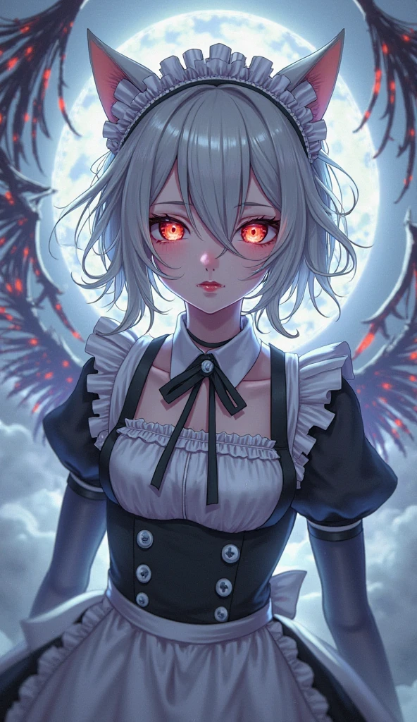 4k anime wallpaper, 4k anime wallpaper, Anime Art Wallpapers 8K, 4K Anime Style, anime art wallpaper 4k, anime art wallpaper 4k, 4k anime wallpaper, Eugeo Art, Detailed digital anime art, ((masterpiece, Highest quality)), (Complex Light), Perfect hands, Hyper Detail, Bright colors.Fantasy manga style demon beautiful girl, silver hair, short, headphones, half wearing dark long  the shoulder, black wings, chain, red moon, otherworldly painting.