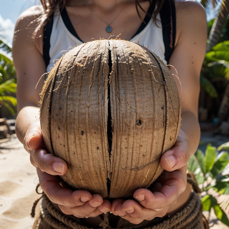 realistic hands opening a coconut