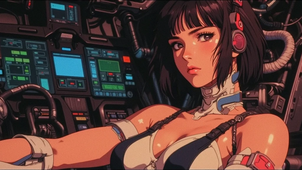 (elegant robotic) woman, (masterpiece), intricate details, retro, ((1999s anime)), ((best quality)), (bright colorful future city at night), (colorful cables) (cybernetic parts) iridescent [holographic metal body], red antenna ear, iridescent metal, (diamond minimalist) jewelry, (red lips), laser, thin, extremely detailed, covered, dynamic pose