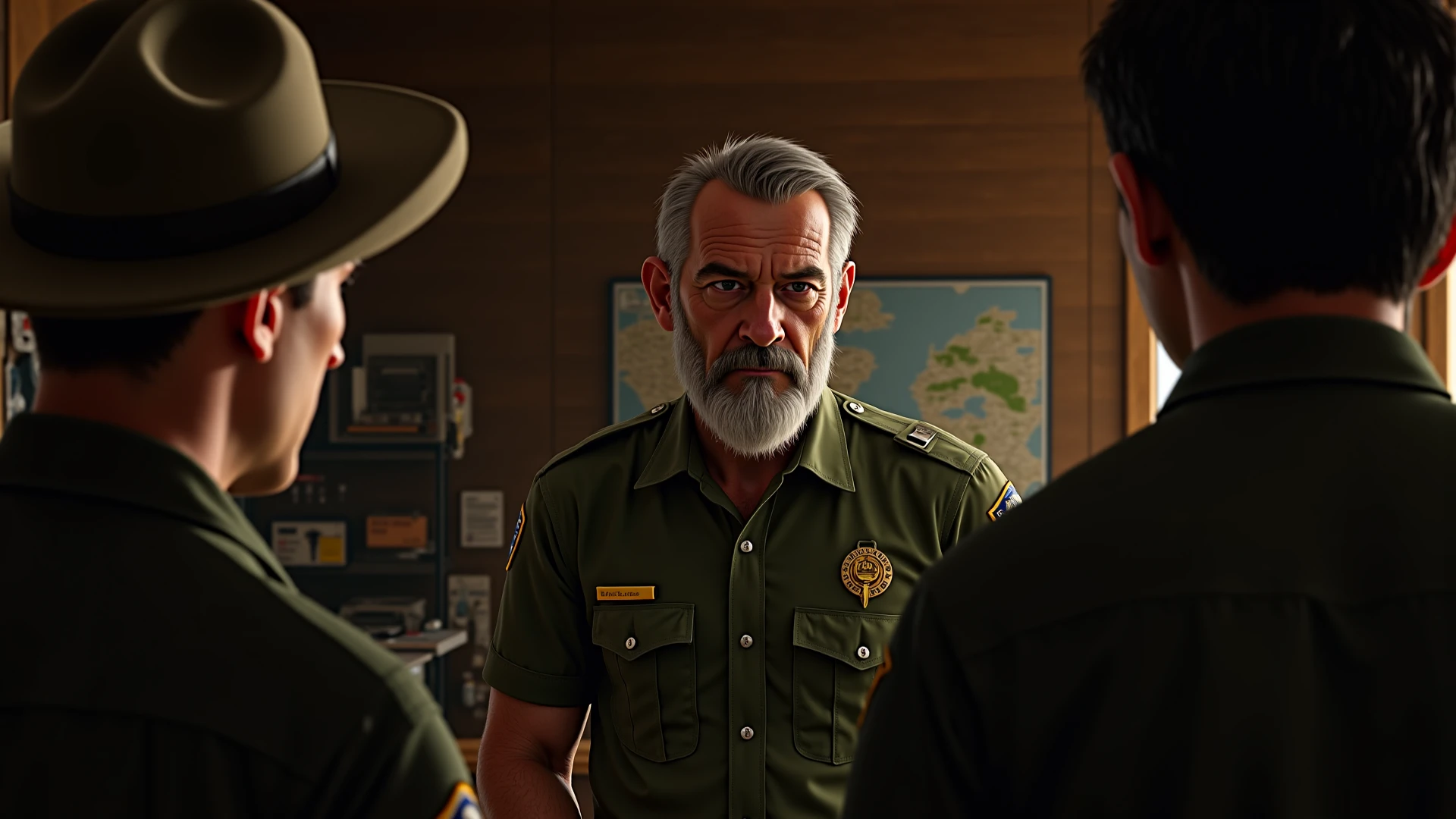 Ryan Park Ranger A photorealistic, cinematic shot of a seasoned, older Park Ranger ...