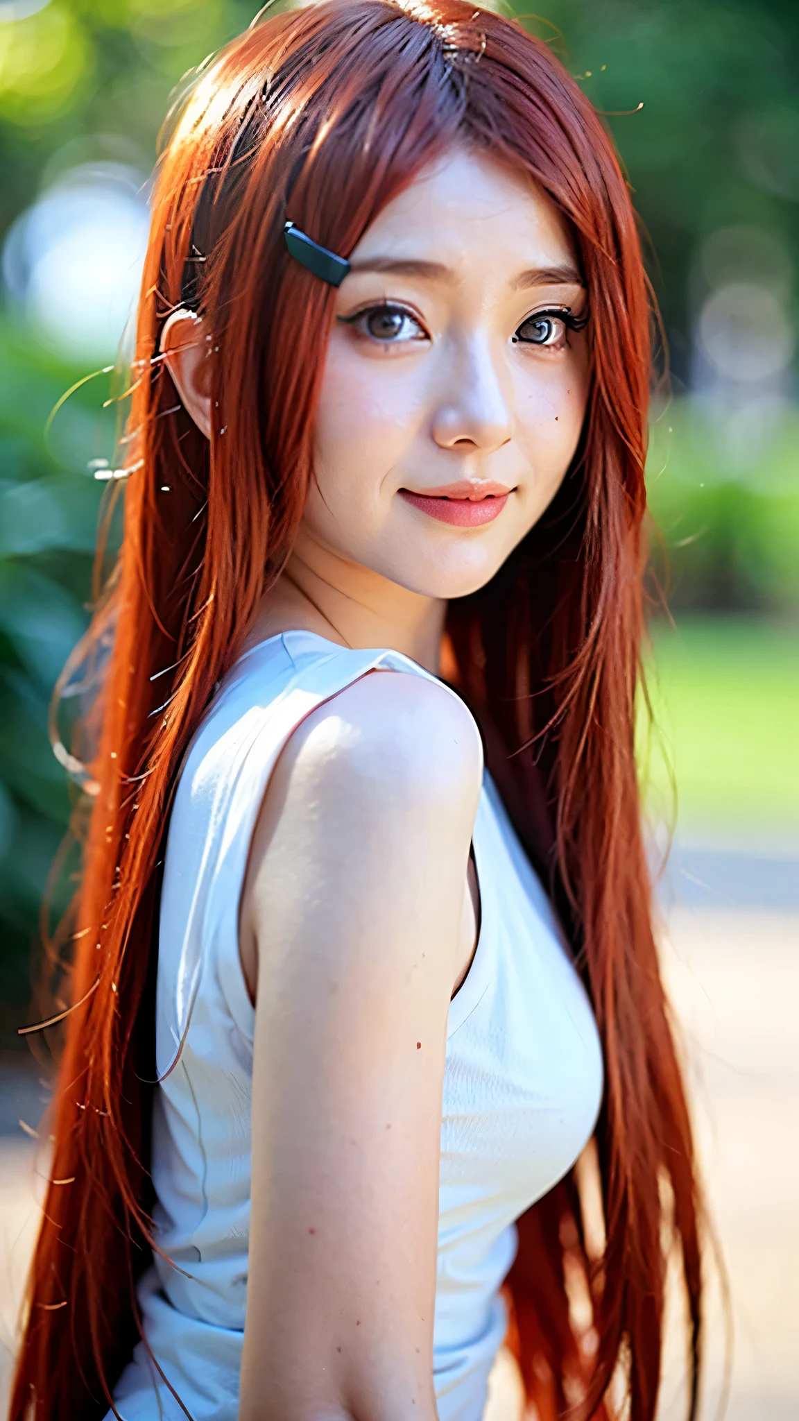 A hyper-realistic portrait of a beautiful young woman inspired by Uzumaki Kushina from Naruto, depicted as if she exists in the real world. She has vibrant bright red hair, long and flowing, with a charming and adorable smile. Her eyes are warm and full of life, exuding kindness and strength. Her expression is sweet and playful, radiating a cute and endearing vibe. The lighting is soft and cinematic, highlighting her flawless skin and delicate facial features. She wears a casual modern outfit with subtle ninja-inspired elements, giving a nod to her anime origin. Ultra-detailed textures, photorealistic skin, vivid colors, bokeh background, ultra HD 8K quality.
