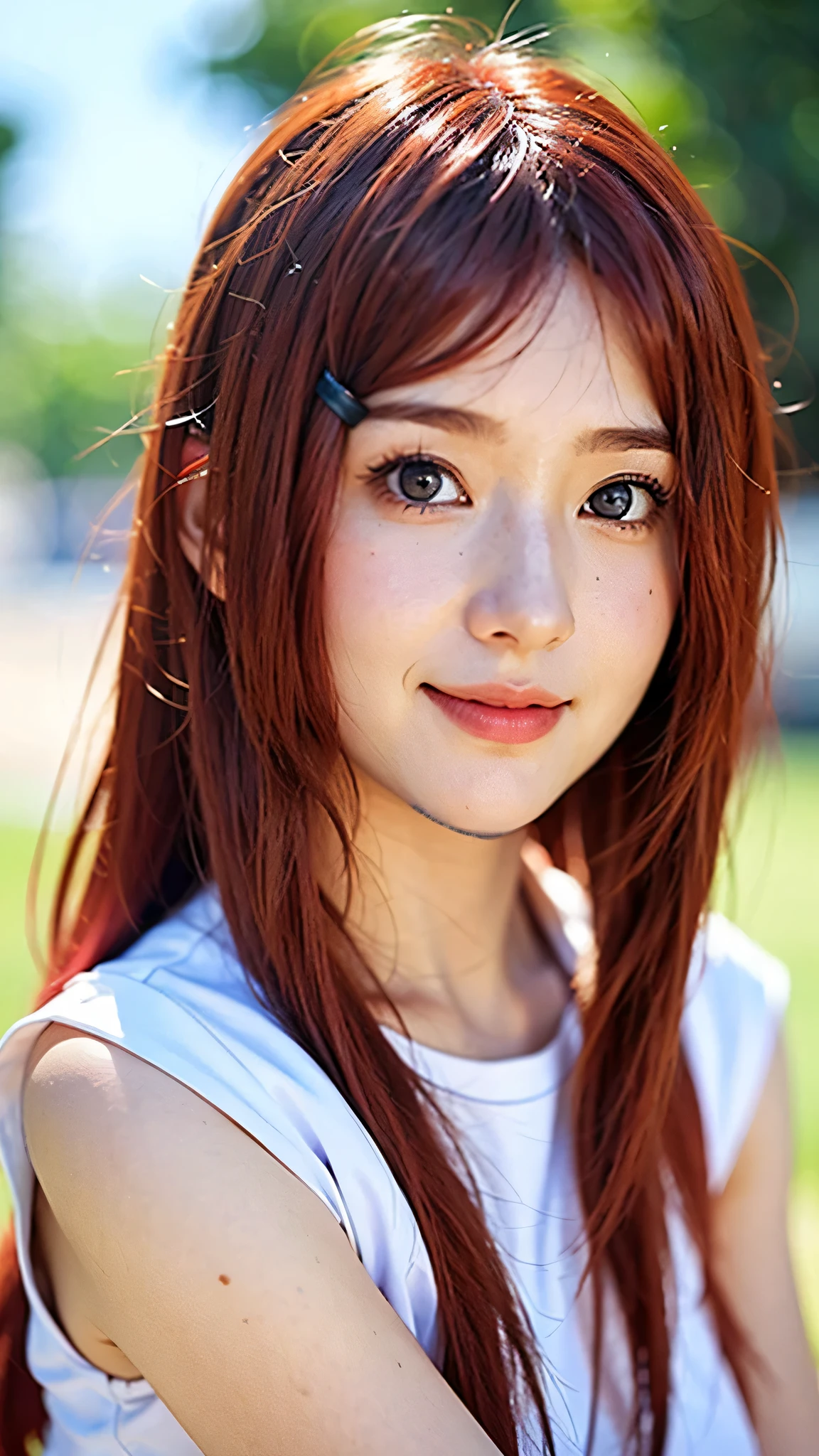 A hyper-realistic portrait of a beautiful young woman inspired by Uzumaki Kushina from Naruto, depicted as if she exists in the real world. She has vibrant bright red hair, long and flowing, with a charming and adorable smile. Her eyes are warm and full of life, exuding kindness and strength. Her expression is sweet and playful, radiating a cute and endearing vibe. The lighting is soft and cinematic, highlighting her flawless skin and delicate facial features. She wears a casual modern outfit with subtle ninja-inspired elements, giving a nod to her anime origin. Ultra-detailed textures, photorealistic skin, vivid colors, bokeh background, ultra HD 8K quality.