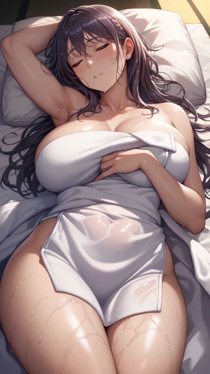 Night time, heat after sex,(Masterpiece), Best Quality, ultra-detailed, 1girl (eri, Slender and sexy body, huge breasts, wide hips, naked body brown hair, long wave hair, closed eyes, spectacles), blank face, ,open mouth( Saliva), head tilt, unconsciouness, nose blush, blush, solo, nude, black lace thighhighs, in the bedroom, on the bed, lie down, lying, hands up,disheveled hair, wet body (sweat, cum),cumdrip from her pussy