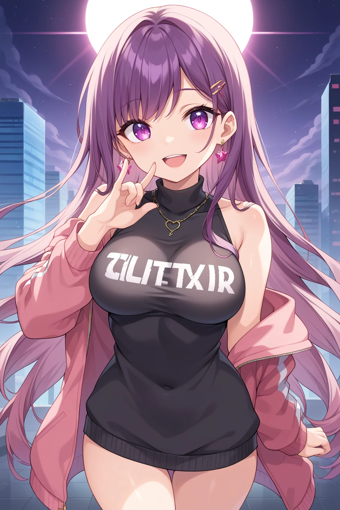 Fox Girl, Large Breasts, Voluminous purple hair, masterpiece , Red eyes, hd, Thick thighs, Head to Chest, buried in my chest、Underboob、Double teeth、tooth、Sports Bra、Knee socks