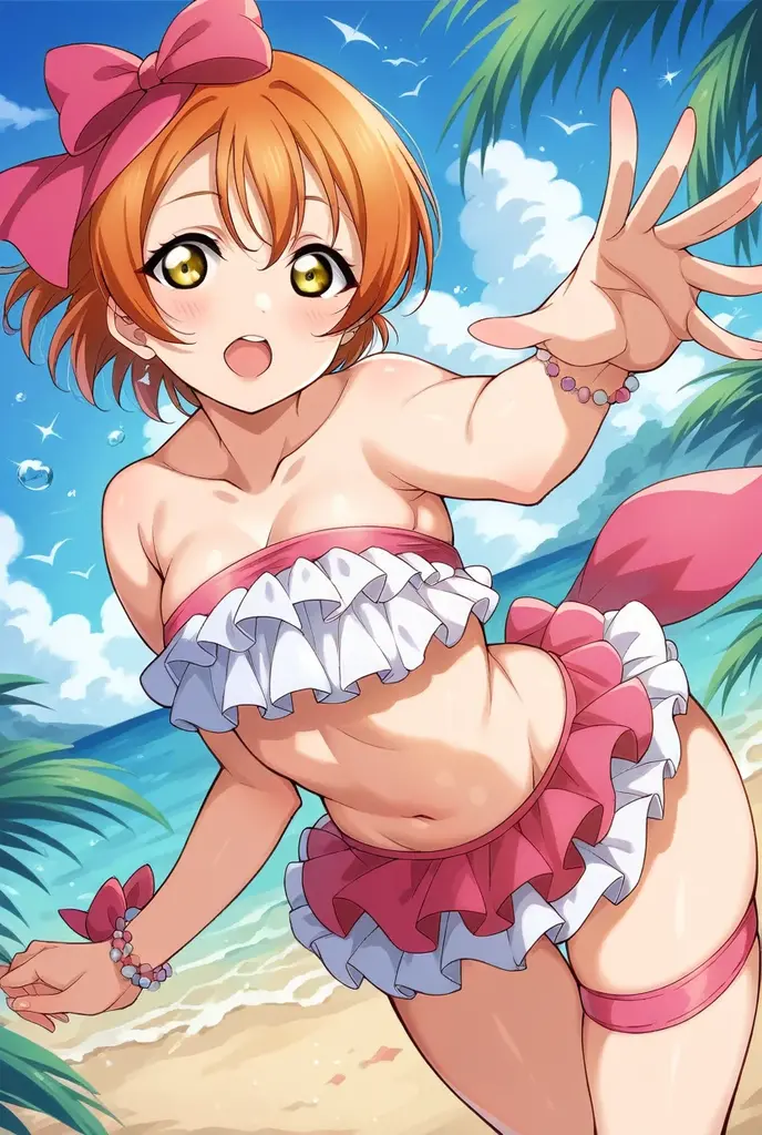 Masterpiece, sksrin, beautiful urban female model, facial details, detailed body part details, 8k wallpaper, looking at viewer, Rin Hoshizora Love Live, short hair, (most beautiful micro bikini:1.2), thighs, golden , cowboy shot, sexy, cleavage, cameltoe, sexy pose, showing her beauty, sedative smile,gamer girl