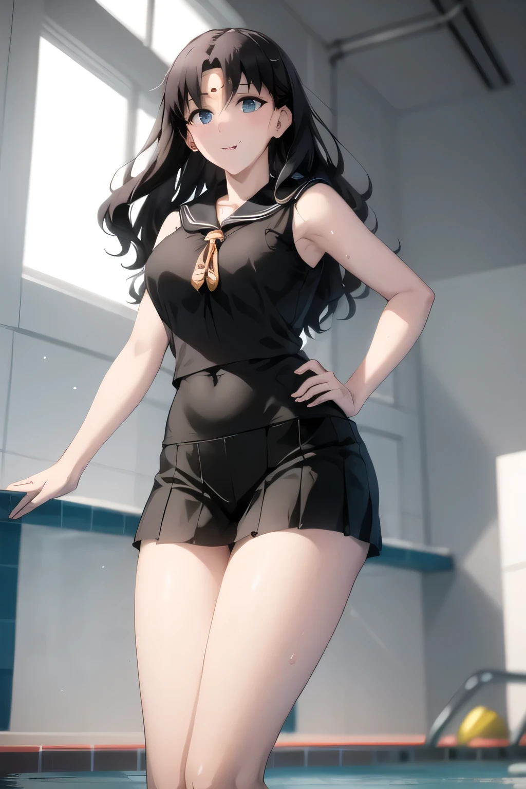 Smiling woman,I'm at the pool facility in fine weather,from below,sailor moon costume,big boobs,beautiful legs,boots,sleeveless,Pleated Miniskirt,looks straight in the eye,I need a face,, ,{{X}},looks straight in the eye,big breasts, Big black wavy hair, , big breasts, thin waist , , ,