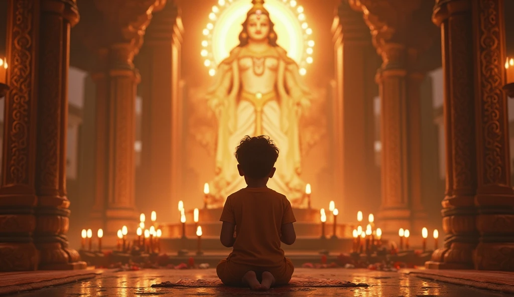 Create an realistic image of a boy praying to lord shiva in a indian traditional and modern dress fusion