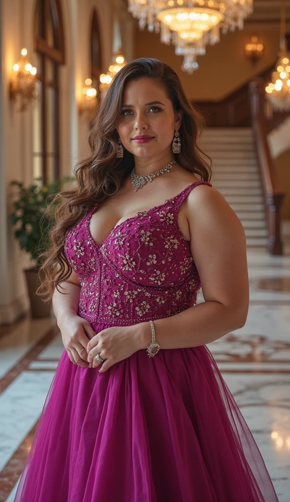 Costume design for a plus size woman show featuring sequins, a short, flared skirt, and a high waist.