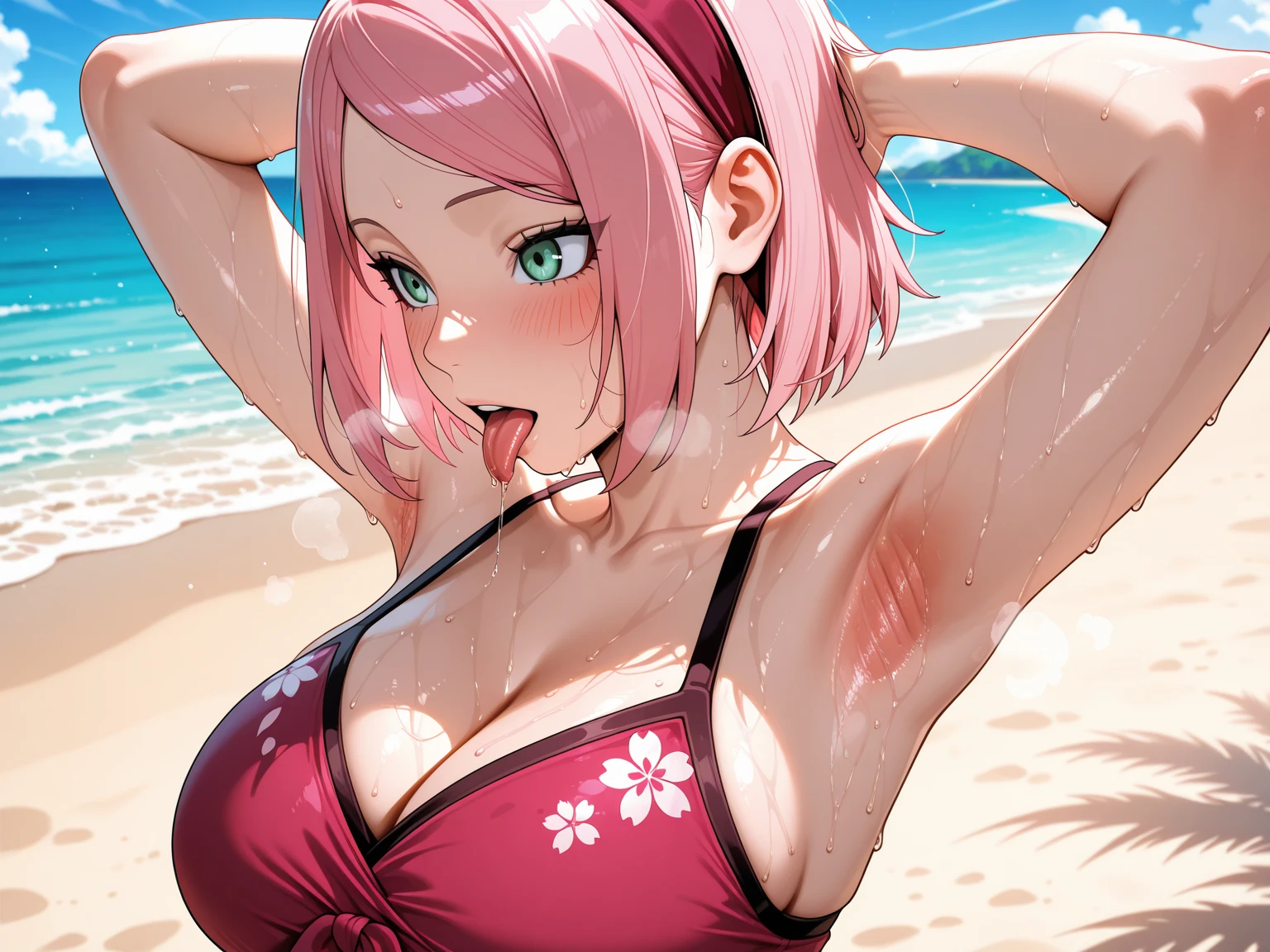 Haruno sakura, short hair, medium breast, cleavage, navel, slim legs, pink hair, happy, white side tie bikini, bokeh, beach, sunny day, sparkling eyes