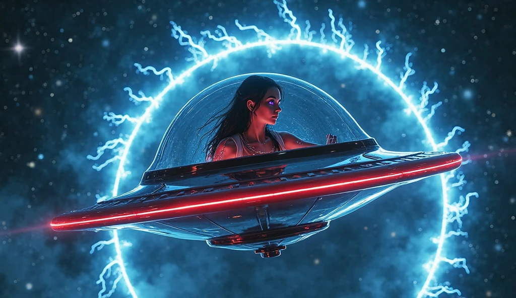 Sci-fi conceptual art, spiral Ying and Yang forces are core balancing factor of the world, wormhole, flying vehicle flying through, dark cosmos as background. (1girl, solo), photo realistic, large-breast:1.2 slim:0.8 body, cleavage:1.2, (matrix style black sunglasses), (holding a mini:1.1 pistol), half-body thigh level medium shot, cinematic lighting, ray tracing.