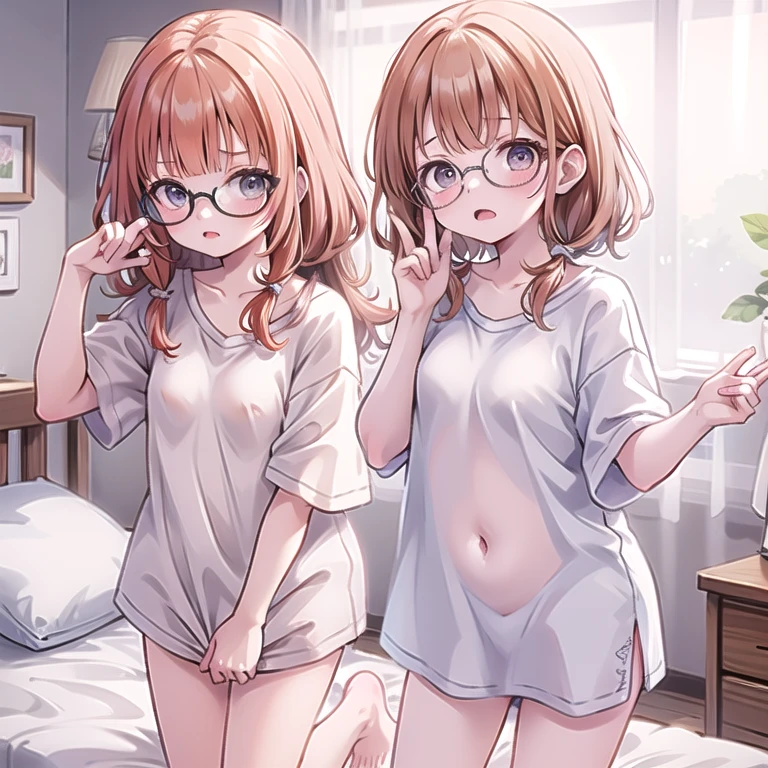 detaileds, Best Quality, High resolution, (((Two cute little girls with dark hair)))、((4years old)), ((Petite)), Pretty eyes、Detailed eye depiction、Looking at Viewer, pale skin、(Naked)、(flat chest), (Glasses), (blush:1.2), eyes are big , An embarrassed smile, NSFW, Focus on the face、a bed、Long hair, ceiling、