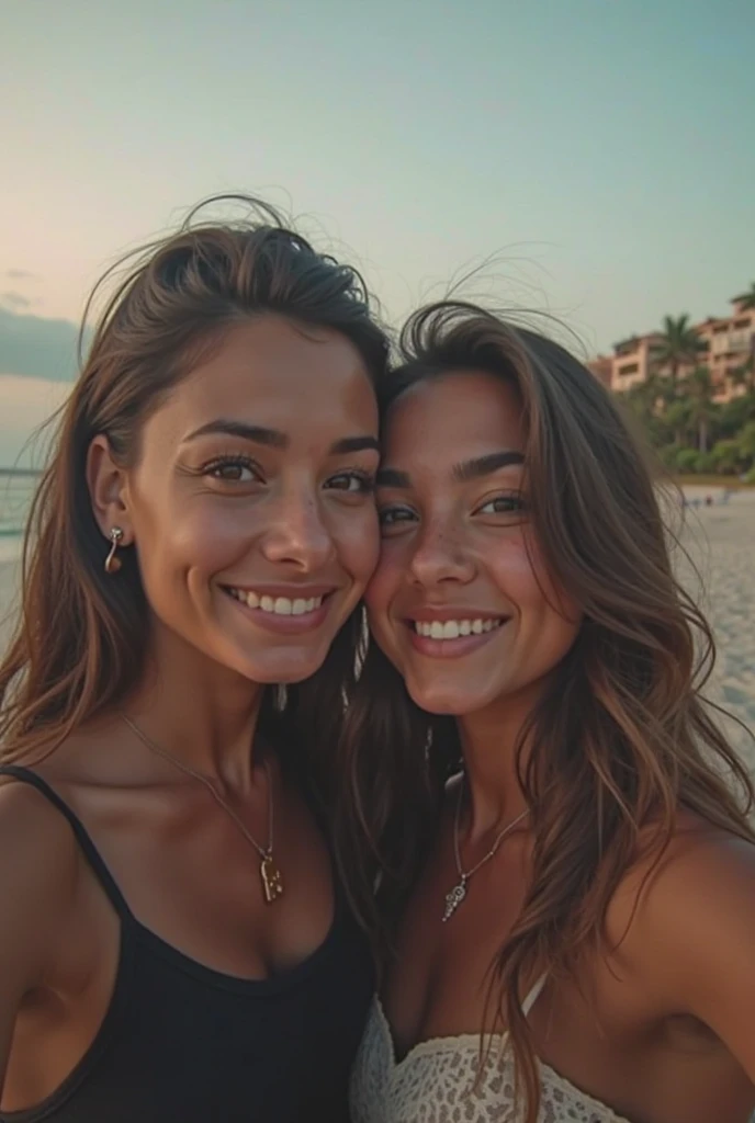 there are two women that are smiling for the camera, Ana e Leia, 📷 um casal feliz na praia