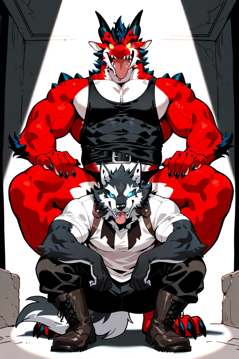 giant black dragon villain, small white wolf ninja, wresling, Pallo Special, [black dragon villain:riding on back, grabbing arms, Holding arms behind back, heavy weight bulky fat, giant plump muscular body, thick thighs, venis popping, evil grin, looking down, wearing glossy spandex, evil red masked dragon], [white wolf ninja:shota, young, ninja suits,small build, white fur, pain, closing eyes, open mouth, forward bending], size difference, motion blur, motion line, cage background, from side