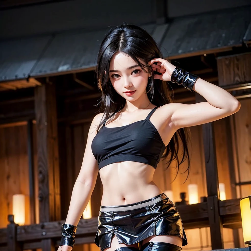 Chinese-Japanese mixed-race high heels jazz dance model，Black clothes，Black shorts，Black extra-high heels，Black long high heel boots，Super beautiful，fit，Slim abs，long hair，Small waist，beautiful，full-body shot，Clothes are slim-fitting，Smooth lines，The curve is obvious，Long legs，Slender legs，beautiful侧面曲线。Wearing a high ponytail，Weaving，Do a squat motion。Jazz dance moves，Hip Hop Decoration