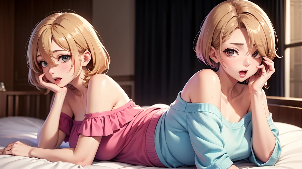 (top-quality,High resolution,(Ultra high definition,4K), (超A high resolution,in 8K),masutepiece:1.2), (Perfect Anatomy,Anatomically accurate), (Angle from below), (Soft lighting, rendered), (Two cute high school girls), ((Sitting on a sofa in the lobby of a luxury hotel,itting open legs)), ((Girls' High School Sailor Uniform)), (Red lace panties), (Two people kissing), (Crisp double eyelids), (Large breasts:1.3), (Soft skin), (Photorealistic), (Glowing skin), (blondehair), (Pixie Cut)